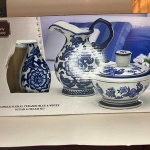 Floral Ceramic Blue & White Sugar & Cream Set (BOMBAY Co.) - Brand New